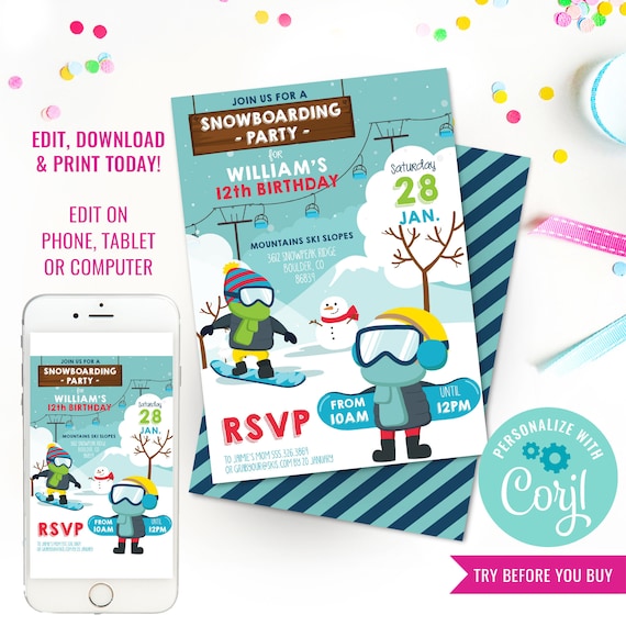 Snowboarding Party Invitation - Outdoor Party Invitation - Winter Party Invitation - Instant Download & Edit File with Corjl Il_570xn