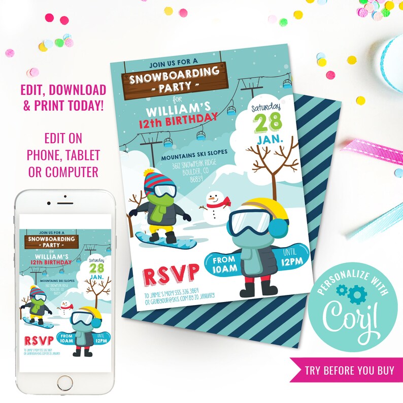 May include: A blue and white printable invitation for a 12th birthday snowboarding party. The invitation features a cartoon illustration of two children snowboarding. The text on the invitation reads "Join us for a Snowboarding Party for William's 12th Birthday".