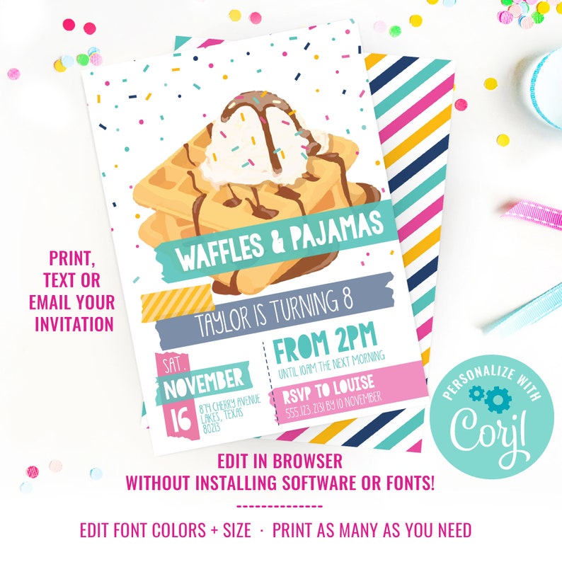 Waffle Party Invitation Slumber Party Invitation Tween Party Invitation Waffle Invitation Instant Download & Edit File with Corjl image 2