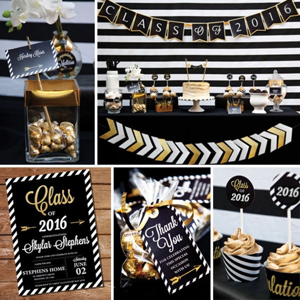 Black and Gold Graduation Party Printables Set - Gold Graduation Party - Instant Download & Edit File with Adobe Reader - Print at Home!