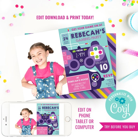 Gaming Party Invitation - Video Game Invitation - Girls Gaming Party Photo Invitation - Instant Download & Edit File with Corjl Il_570xn