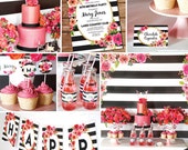 Black And White Stripe Party Decorations - Watercolor Floral - Party Decorations - Gold Glitter - Instant Download & Edit with Adobe Reader Il_170x135