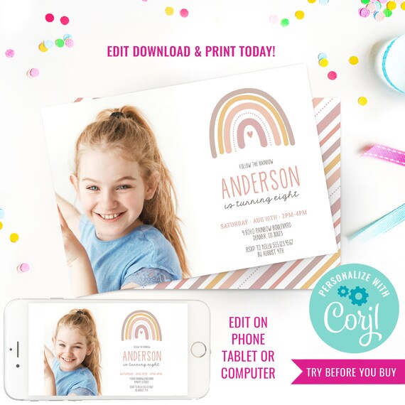 Rainbow Party Photo Invitation - Boho Pink Rainbow Invitation - Modern Rainbow Party Invitation - Instant Download & Edit File with Corjl Il_570xn
