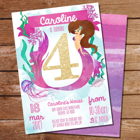 Pink Mermaid/Under the Sea 4th Birthday Party Invitation - Watercolor Mermaid Invitation - Instant Download and Edit File with Adobe Reader Il_570xn