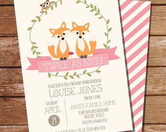 Twin Fox Baby Shower Invitation for Twin Girls - Instant Download and Editable File - Personalize at home with Adobe Reader