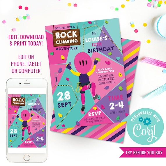 Rock Climbing Party Invitation for Girls - Indoor Climbing Party Invite - Instant Download & Edit File with Corjl Il_570xn
