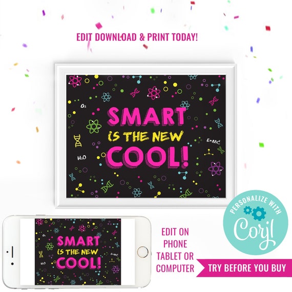 Science Experiment Party Sign - Smart is the new cool - Girl Science Party Sign - Instant Download & Edit File with Corjl Il_570xn