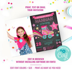 Girls Roller skating Party Invitation Roller skate Birthday Party Retro Roller skate Party Invitation Instant Download Edit File in Corjl image 2