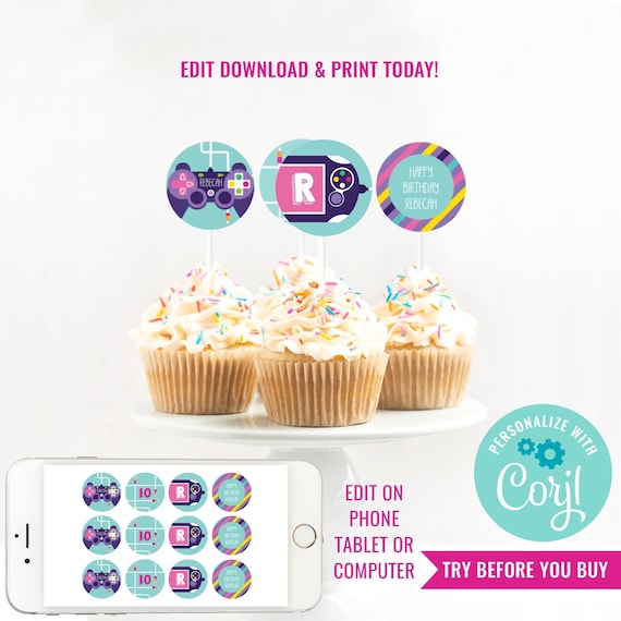 Gaming Party Cupcake Toppers - Video Game Party Toppers - Girls Gaming Party Cupcakes - Instant Download & Edit File with Corjl Il_570xn