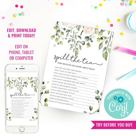 Bridal Shower Party Game - Bridal Shower High Tea - Bridal Brunch Game - Spill The Tea Party Game - Instant Download & Edit File with Corjl Il_570xn