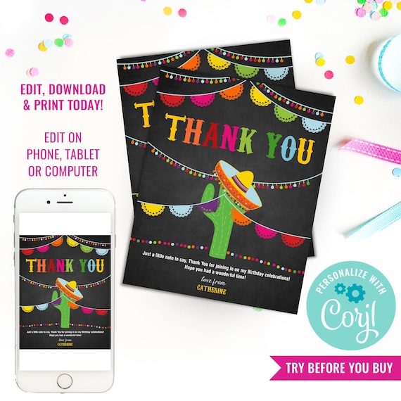 Mexican Fiesta Thank You Cards - Chalkboard Thank You Cards - Fiesta ...