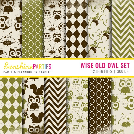 Wise Old Owl Digital Paper Set - Digital Paper Bundle - Vintage Owl - Green and Brown digital paper set - Instant Download Il_570xn