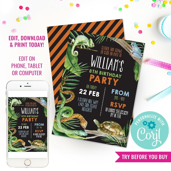 Reptile Party Invitation - Reptile Invite in Black - Reptile Party ...
