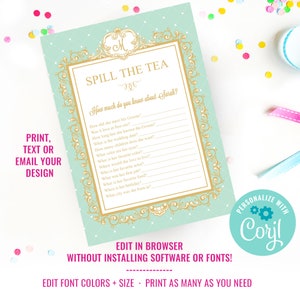 K&ouml;nnte beinhalten: Eine mintgr&uuml;ne Brautparty-Spielkarte mit goldenen, verzierten R&auml;ndern und dem Text "Spill the Tea". Die Karte enth&auml;lt L&uuml;ckentexte &uuml;ber die Braut. Der Text "Print, Text or Email Your Design" ist ebenfalls sichtbar.