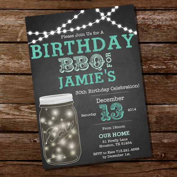 Mason Jar Chalkboard BBQ Birthday Invitation - Mason Jar Fairy lights - Birthday invitation - Instant Download + Edit with Adobe Reader Il_570xn