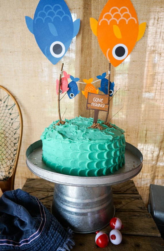 Gone Fishing Party Cake Topper - O-Fish-Ally Party Cake Topper - Instant Download and Edit File at home with Adobe Reader - Print at home Il_570xn