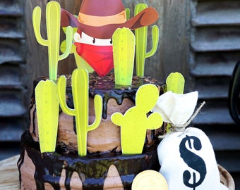 Cowboy Birthday Cake Toppers | Cowboy and Cactus Party - Instant Download SVG & Handcut file - Print at home with Adobe Reader