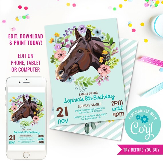 Horse Party Invitation - Horse Birthday Party Invitation - Turquoise Horse Party Invite - Instant Download & Edit File with Corjl Il_570xn