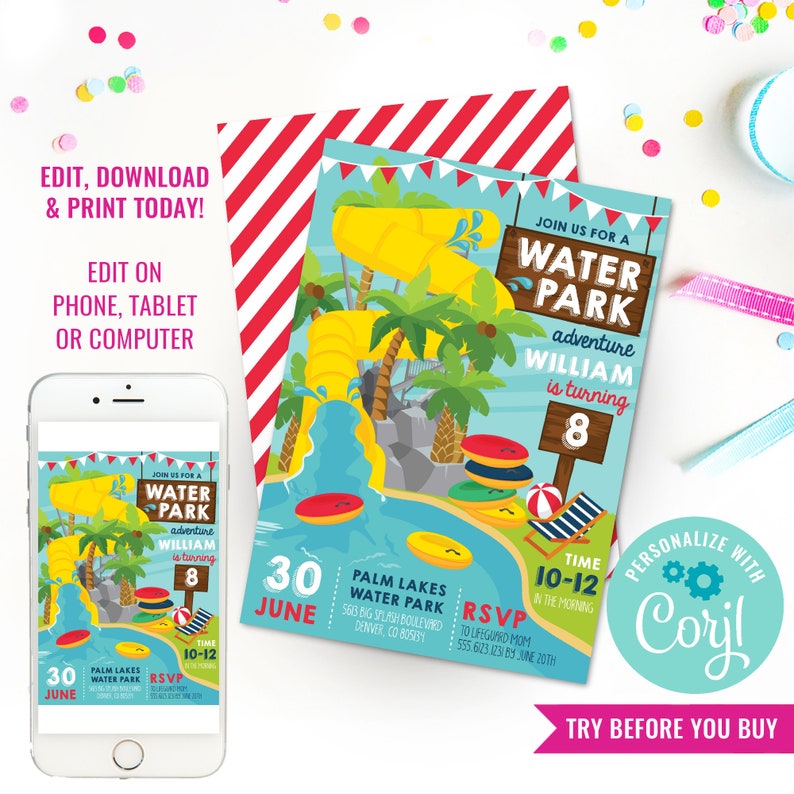 May include: A blue and yellow invitation for a water park birthday party. The invitation features a cartoon illustration of a water slide, palm trees, and a pool. The text on the invitation reads "Join us for a Water Park adventure William is turning 8". The invitation also includes the date, time, location, and RSVP information. The invitation is personalized with the name "Coryl".