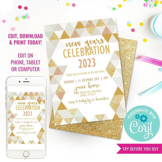 New Years Eve Party Invitation - Gold Glitter New Years Party Invitation - Instant Download & Edit File with Corjl Il_570xn