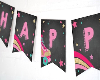 Girl Birthday Party Roller Skating Happy Birthday Banner Roller skating Party Instant Download Edit File with Adobe Reader