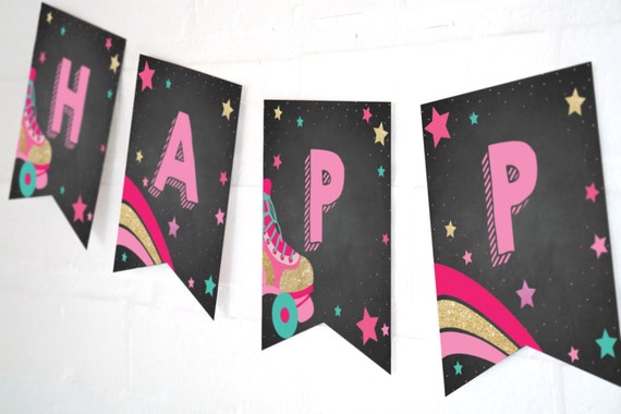 Roller Skating Party Happy Birthday Banner - Rollerskating Party - Instant Download and Edit File at home with Adobe Reader Il_570xn