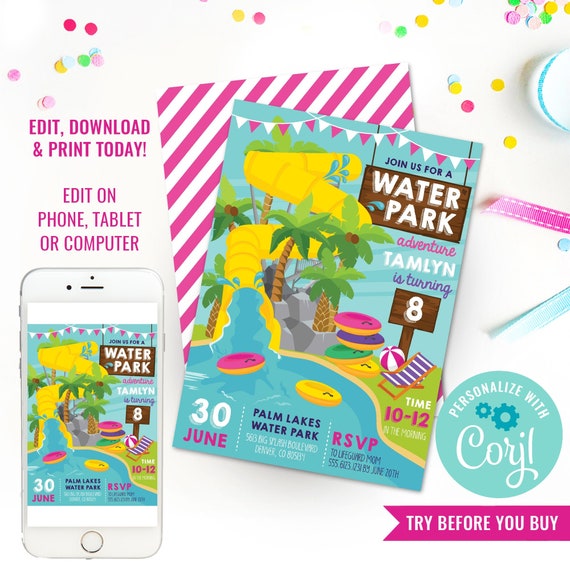 Water Park Party Invitation for Girls - Girls Water Slide Party Invitation - Pool Party Invitation - Instant Download & Edit File with Corjl Il_570xn