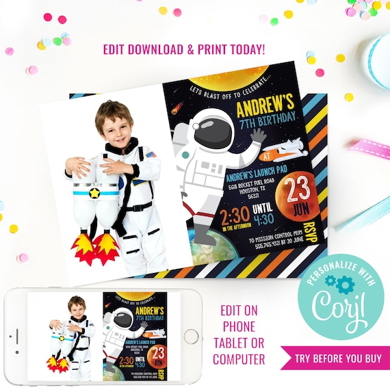 Space Astronaut Birthday Party Photo Invitation - Space Birthday Party - Mars Party - Solar System - Instant Download & Edit File with Corjl Il_570xn