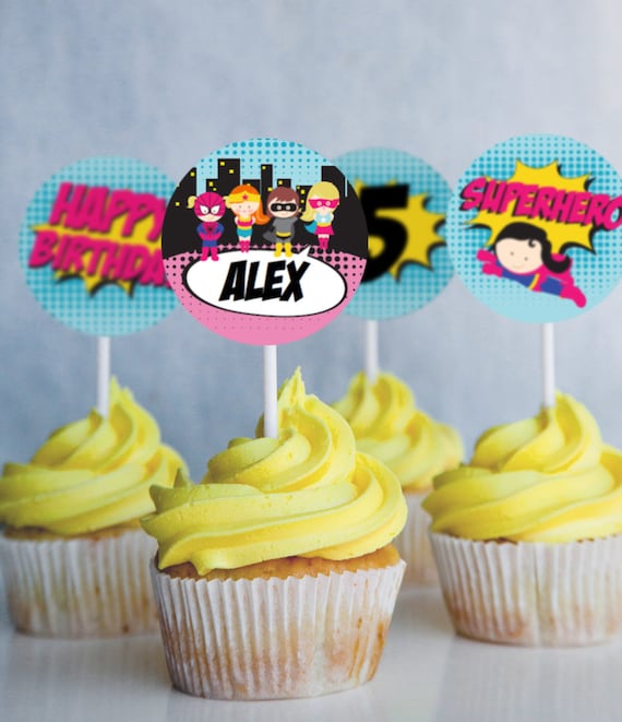 Girl Superhero Party Cupcake toppers - Superhero Editable - Instant Download- Edit at home with Adobe Reader Il_570xn
