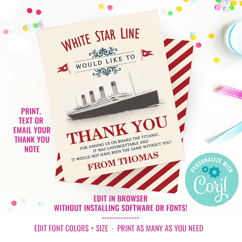 Titanic Party Thank You Card Titanic Thank You Card Vintage Titanic Party Card Instant Download & Edit File with Corjl image 2