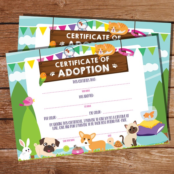 Pet Adoption Party - Pet adoption Certificate - Pet Party Birthday - Pet Adoption Papers - Instant Download - Edit with Adobe Reader