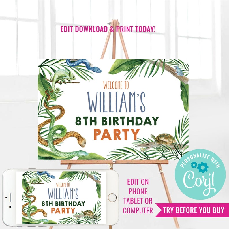 May include: Editable 8th birthday party sign featuring a jungle theme with green snakes, a chameleon, and a turtle. The sign says "Welcome to William's 8th Birthday Party".