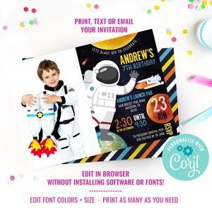 Puede incluir: Una invitaci&oacute;n imprimible para una fiesta de cumplea&ntilde;os de 7 a&ntilde;os con tem&aacute;tica espacial. La invitaci&oacute;n presenta a un astronauta con un traje espacial, una nave espacial, planetas y estrellas. El texto de la invitaci&oacute;n dice "Andrew's 7th Birthday" e incluye detalles sobre la fiesta, como la fecha, la hora y la ubicaci&oacute;n. La invitaci&oacute;n est&aacute; personalizada con el nombre "Andrew" y el texto "Let's Blast Off to Celebrate..."