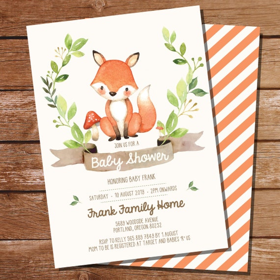 Fox Baby Shower Printable Invitation - Fox Woodland Watercolor - Teal Baby Shower - Instant Download - Edit File at home with Adobe Reader Il_570xn