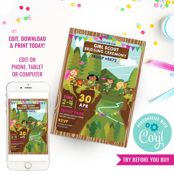 Girl Scout Bridging Ceremony Invitation - Girl Scout Invitation - Camping Invitation - Instant Download & Edit File with Corjl Il_570xn