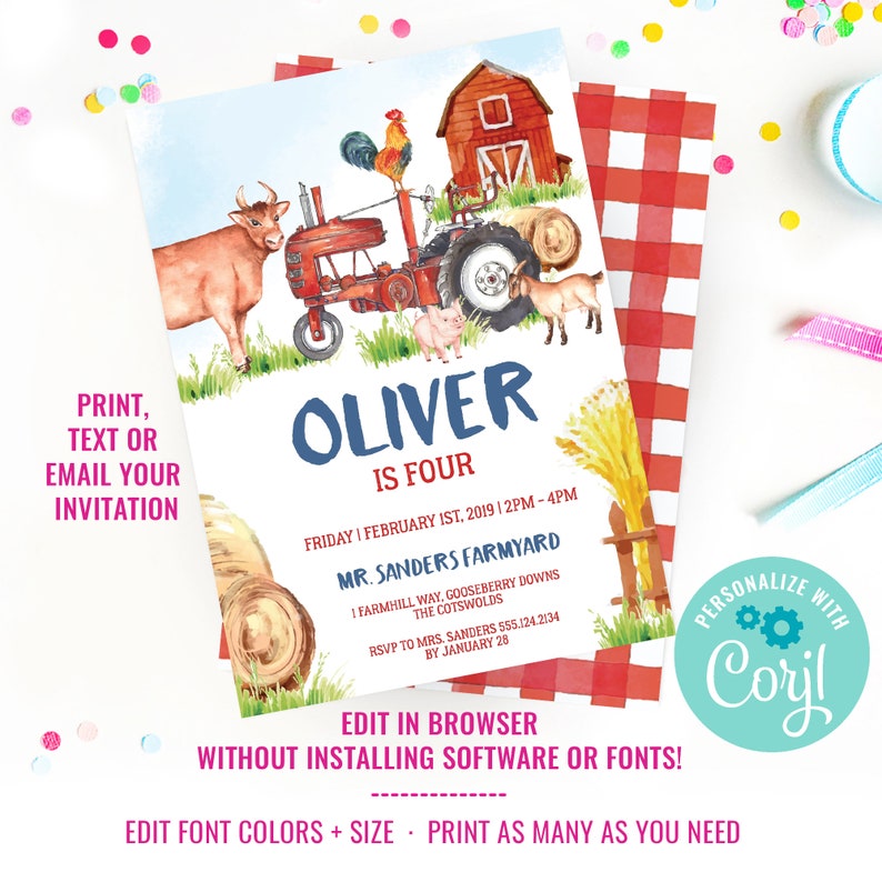 Puede incluir: Una invitaci&oacute;n imprimible para una fiesta de cumplea&ntilde;os de un ni&ntilde;o de 4 a&ntilde;os. La invitaci&oacute;n presenta una ilustraci&oacute;n de acuarela de un tractor rojo, una vaca, un cerdo, una cabra y un gallo. El texto de la invitaci&oacute;n dice "Oliver tiene cuatro a&ntilde;os" e incluye la fecha, la hora y el lugar de la fiesta. La invitaci&oacute;n tambi&eacute;n incluye el texto "Mr. Sanders Farmyard" y "Personalizar con Coril".