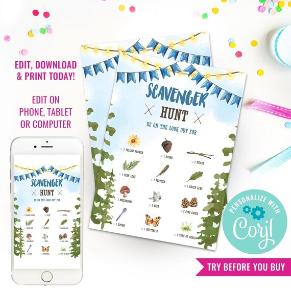 Scavenger Hunt Party Game - Camping Watercolor Party Game - Backyard Campout Scavenger Hunt - Instant Download & Edit File with Corjl Il_570xn