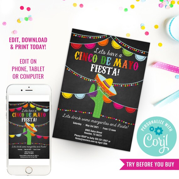 Cinco De Mayo Fiesta Invitation - Mexican Fiesta Invitation - Instant Download & Edit File with Corjl Il_570xn