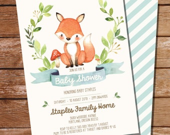 Fox Baby Shower Printable Invitation - Fox Woodland Watercolor - Teal Baby Shower - Instant Download - Edit File at home with Adobe Reader