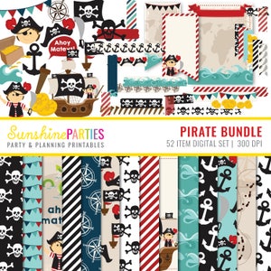 Boys Pirate Digital Paper Set Digital Paper Bundle, Tags, Washi Tape, Clipart image 1