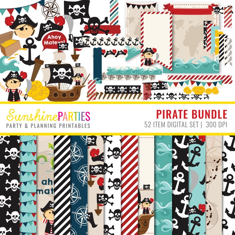 Boys Pirate Digital Paper Set Digital Paper Bundle, Tags, Washi Tape, Clipart image 1