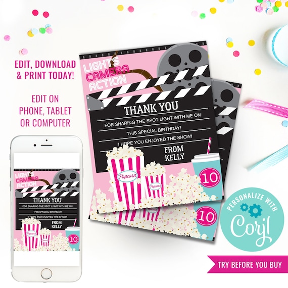 Movie Night Thank You Cards - Girls Movie Night Party - Instant Download & Edit File with Corjl Il_570xn