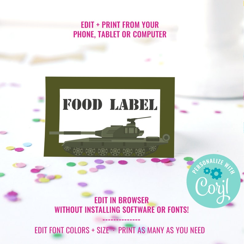 Army Camo Birthday Party Food Labels for a Boy Modern Army Party Labels DIY Army Camo Party Instant Download & Edit File with Corjl image 2