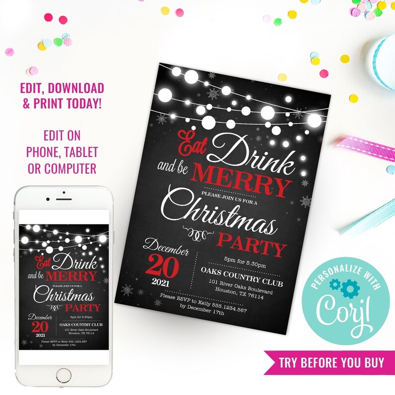 Chalkboard Christmas Party Invitation Christmas Party Christmas Lights Party Instant Download & Edit File with Corjl image 1