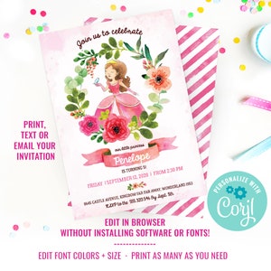 Princess Tea Party Invitation Pink Princess Party Invitations Watercolor Princess Invitation Instant Download & Edit File with Corjl image 2