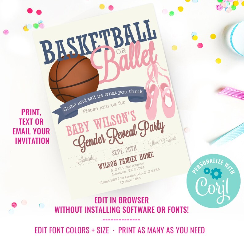 Gender Reveal Party Invitation Basketball or Ballet Gender Reveal Party Invite Ball or Ballet Gender Reveal Instant Download Edit in Corjl image 2