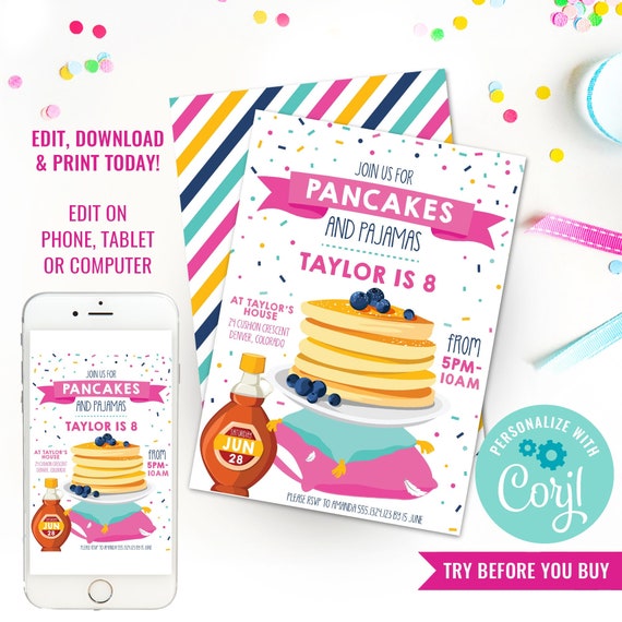 Pancakes and Pajamas Party Invitation - Tween Party Invitation - Slumber Party Invitation - Instant Download & Edit File with Corjl Il_570xn