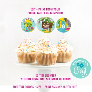 Water Park Girls Birthday Party Cupcake Toppers Water Slide Party Cupcake Toppers Summer Party Instant Download & Edit File with Corjl image 2