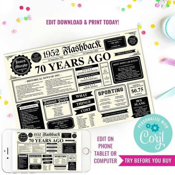 70th Birthday Party Printable Placemat - Birthday Newspaper Placemat - Placemat Decor Template - Instant Download & Edit File with Corjl Il_570xn