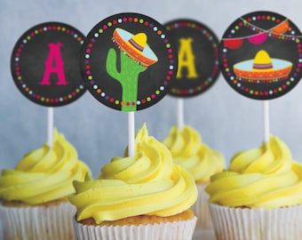 Mexican Fiesta Cupcake Toppers - Set of 12 - Instantly Downloadable and Editable File - Personalize and Print at home with Adobe Reader